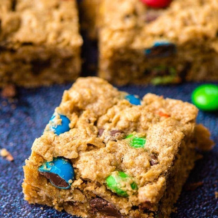 Monster Cookie Bar square dotted with M&Ms