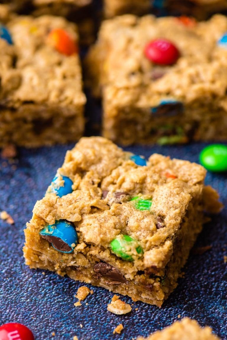 Monster Cookie Bar square dotted with M&Ms
