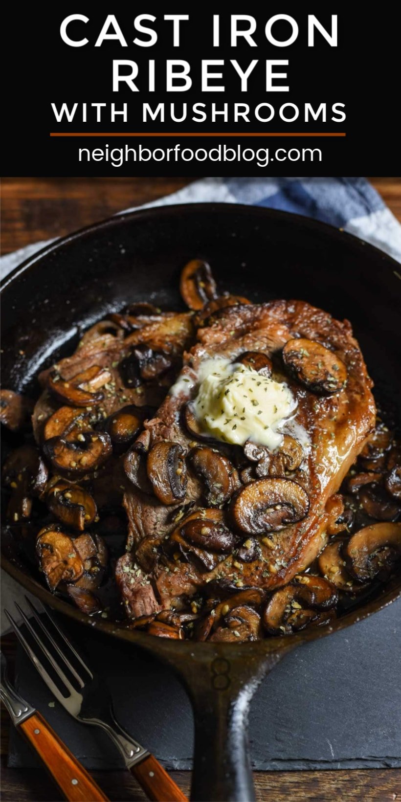 Banner showing a cast iron ribeye steak served in a skillet with mushrooms and butter