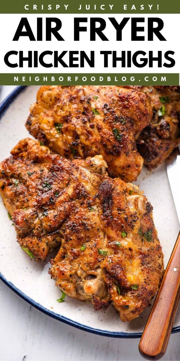 Air fryer chicken thighs on a white plate.