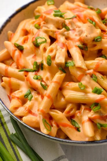 white bowl full of buffalo chicken mac and cheese