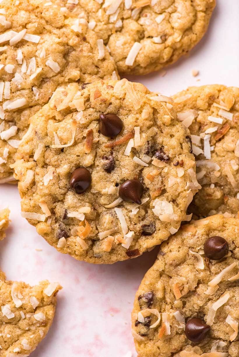 coconut chocolate chip cookies stacked on top of each other