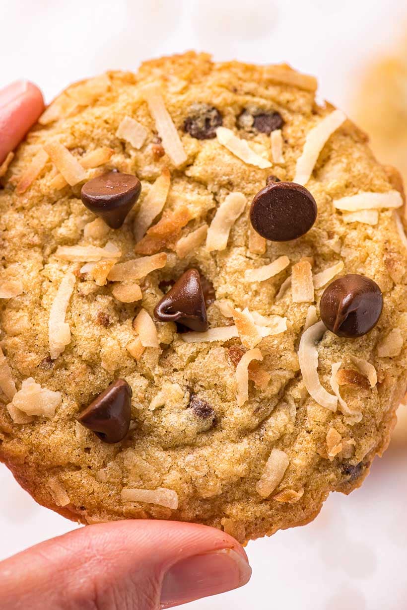 close up of chocolate chip coconut cookies