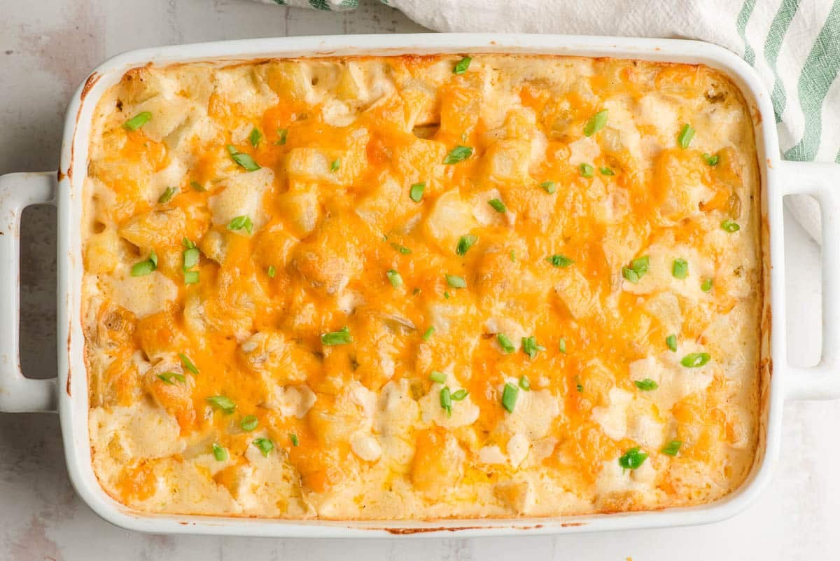 Cheesy potato casserole right after coming out of the oven.