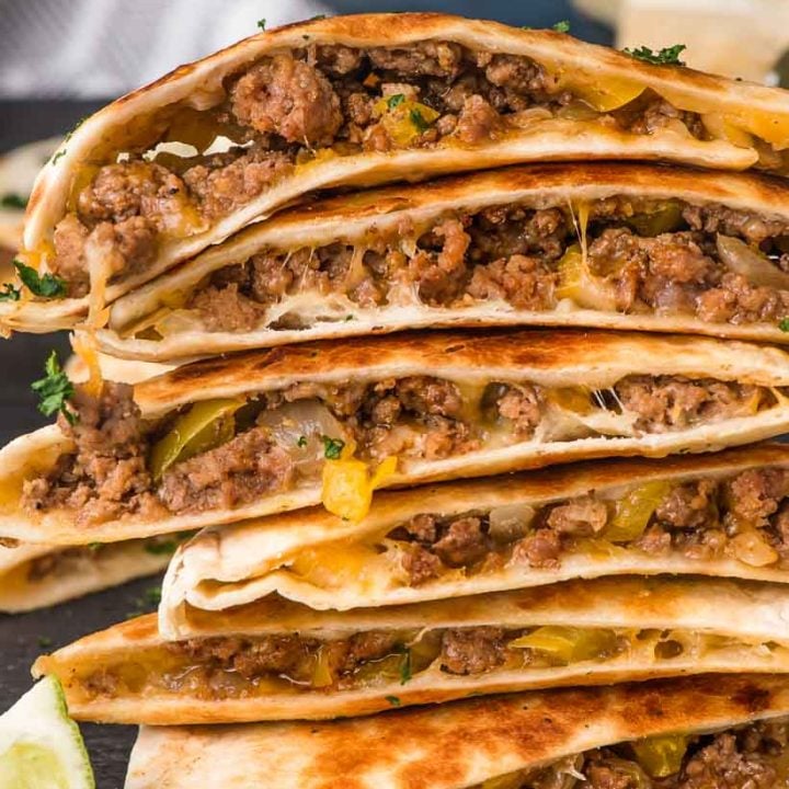 stack of cheesy beef quesadillas