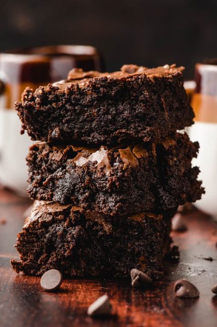 stack of fudgy homemade brownies