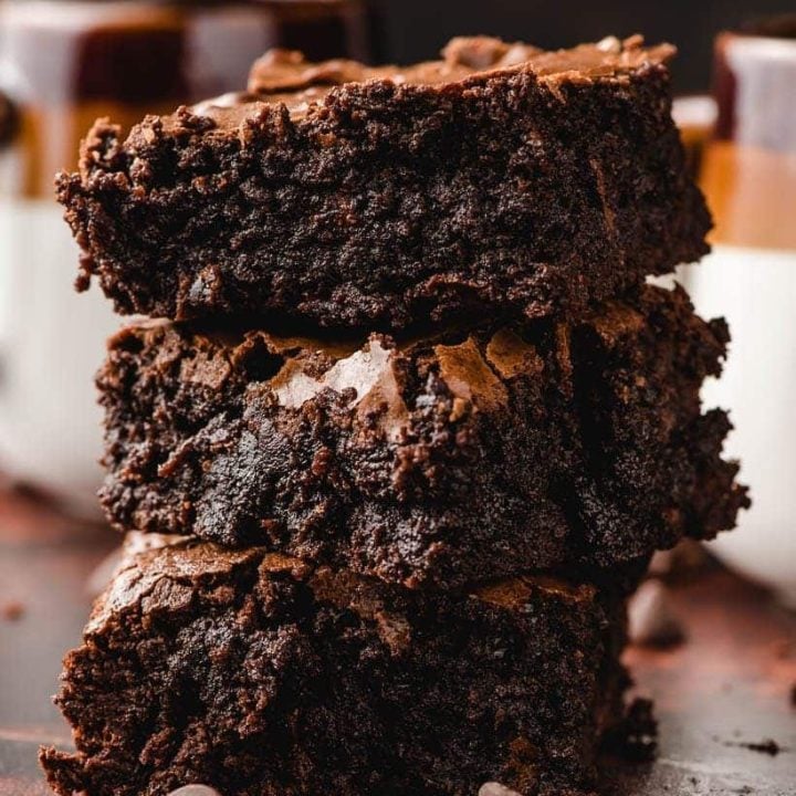 stack of fudgy homemade brownies