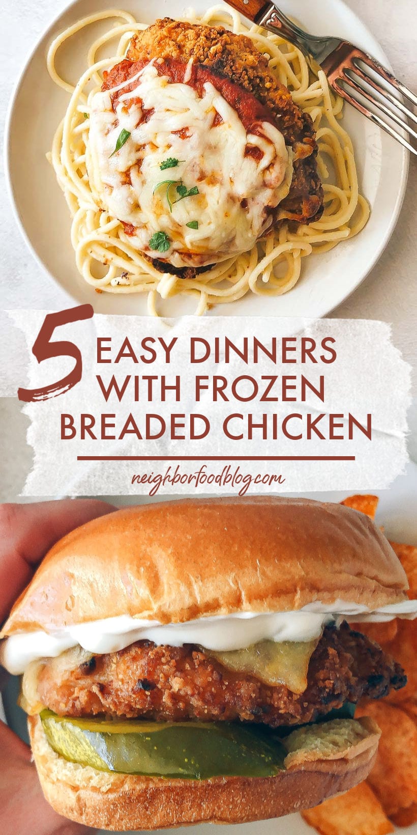 Two different recipes that can be made with frozen breaded chicken