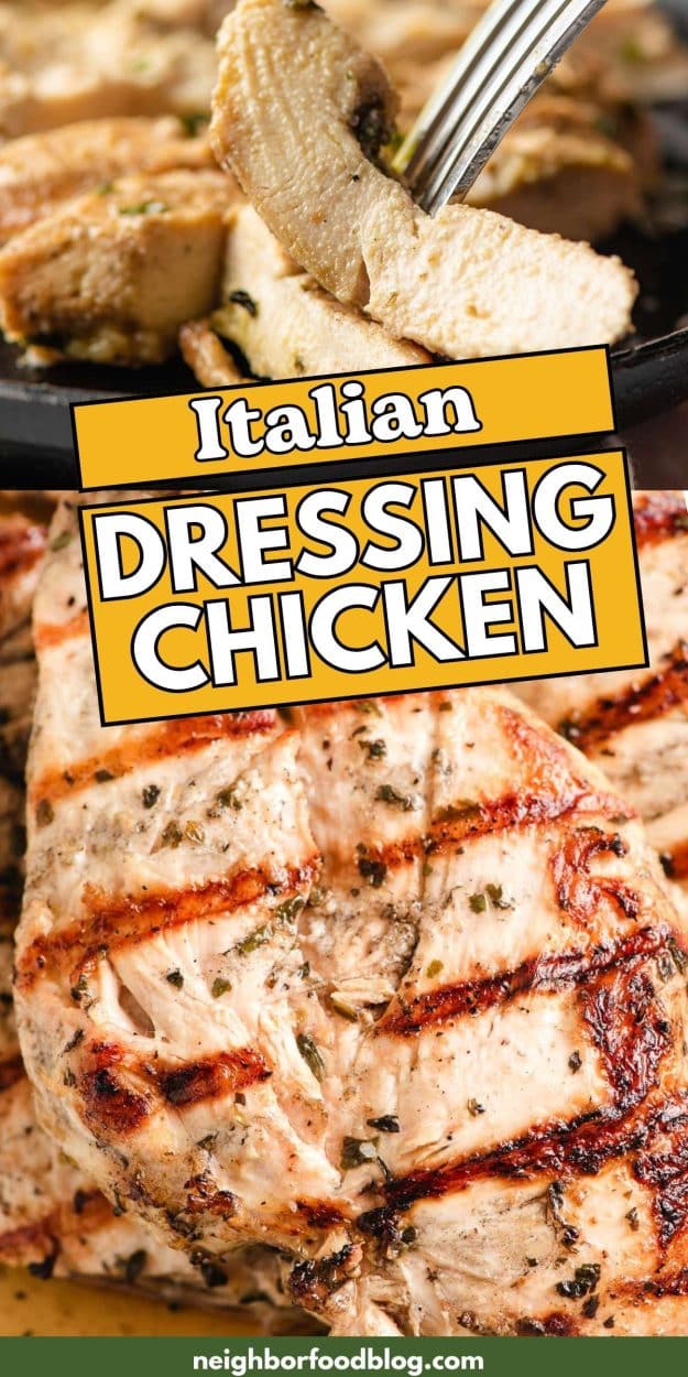 Top: Slice of italian dressing chicken Bottom: Grilled Italian Chicken breast