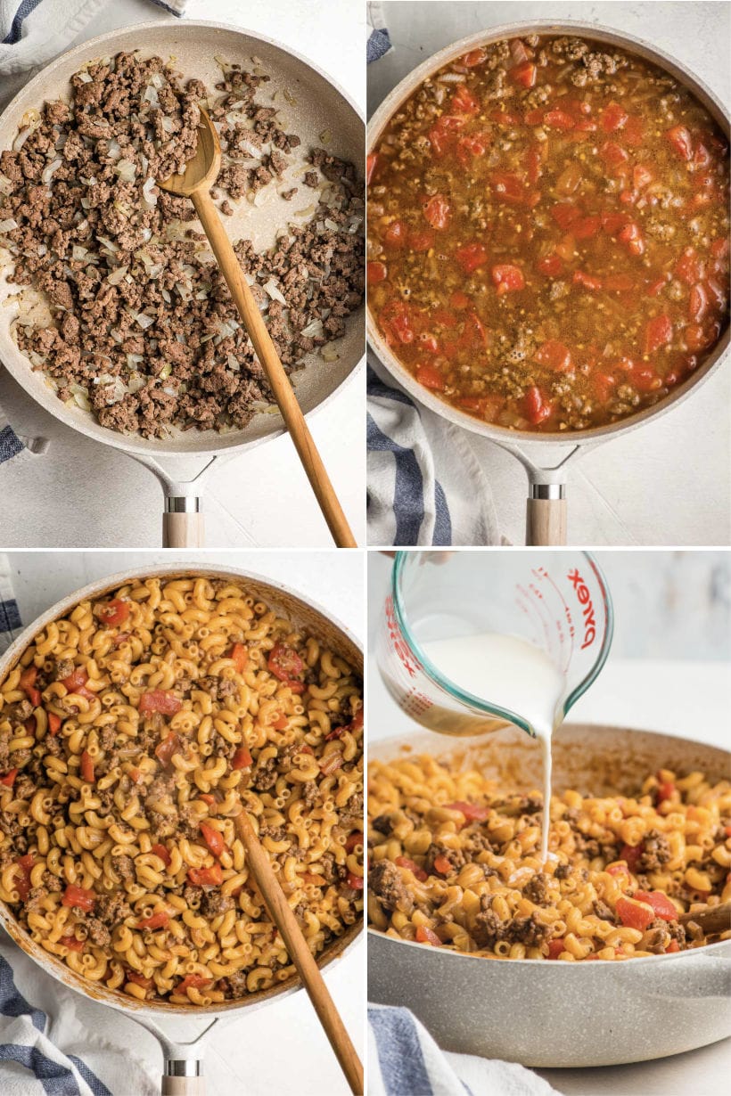 four step by step photos of making one pot cheeseburger pasta