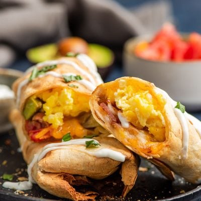 air fried breakfast burrito cut in half