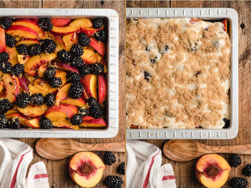 side by side images of a pan of blackberries and peaches and one with a cobbler topping