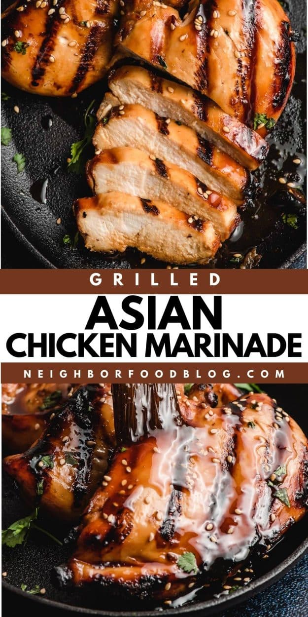 Top: Grilled Asian Chicken sliced into pieces. Bottom: Asian glaze being brushed on grilled chicken.