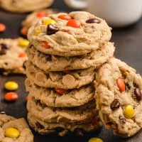 a stack of Reeses peanut butter cookies with chocolate chips