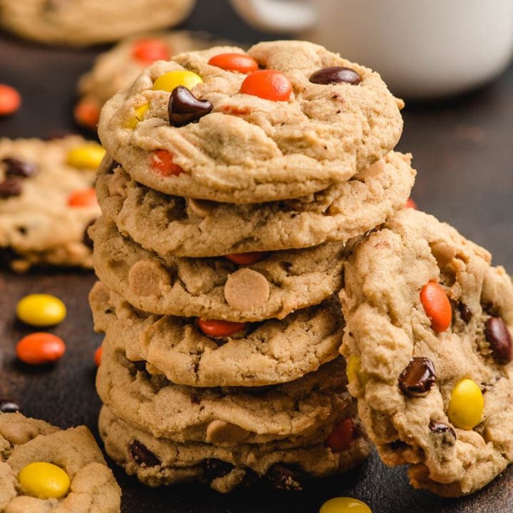 a stack of Reeses peanut butter cookies with chocolate chips