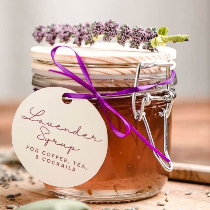glass jar of lavender syrup with gift tag