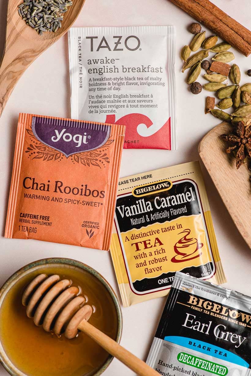 various brands of tea in their packaging