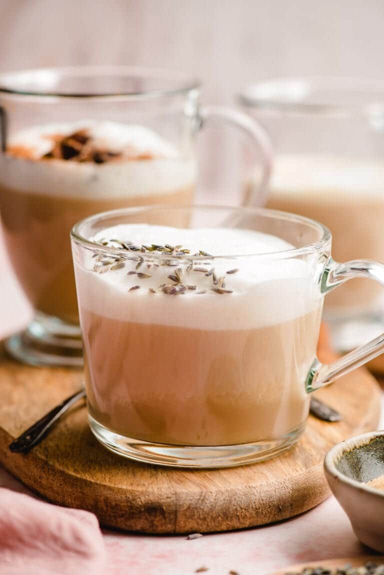 earl gray tea latte in a glass mug