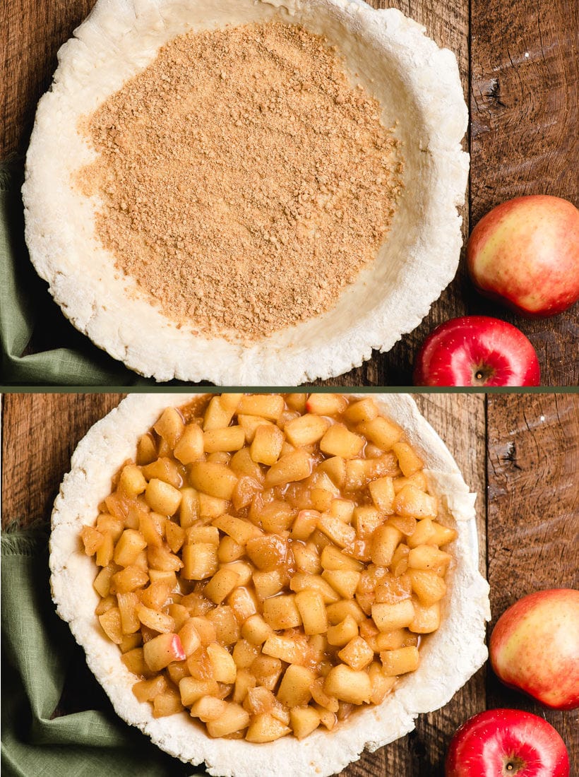 Unbaked pie crust filled with fried apples