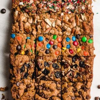 oatmeal chocolate chip cookie bars with five different toppings