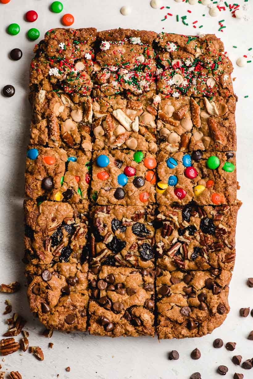 oatmeal chocolate chip cookie bars with five different toppings