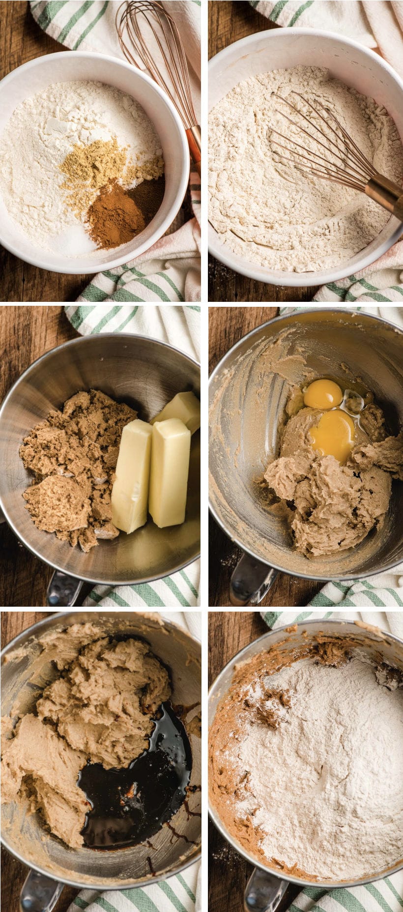 step by step photos of molasses cookie dough being made in a stand mixer