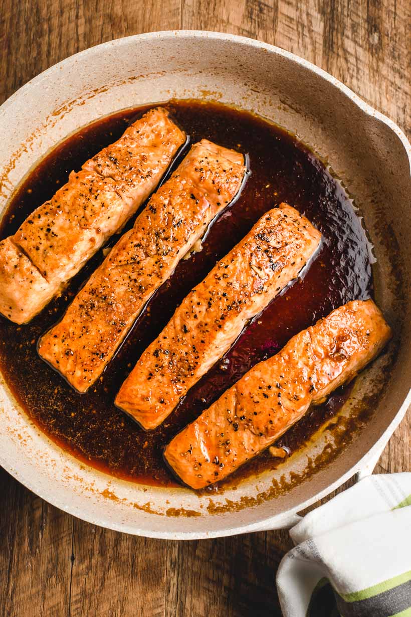 pan of honey soy salmon fillets