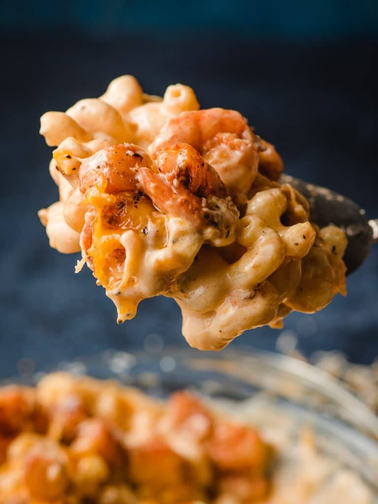 Scoop of Seafood Mac and Cheese.