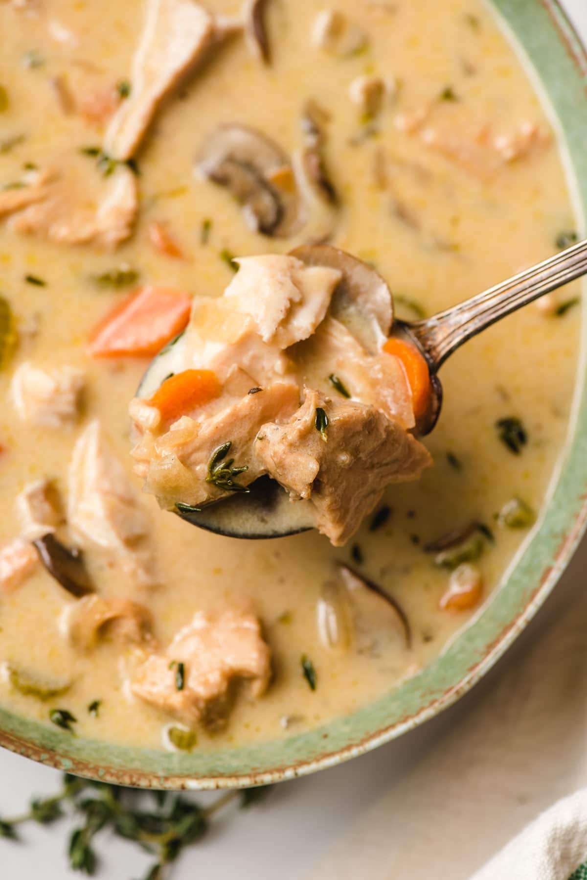 Spoonful of Creamy Turkey Soup with carrots and thyme leaves.