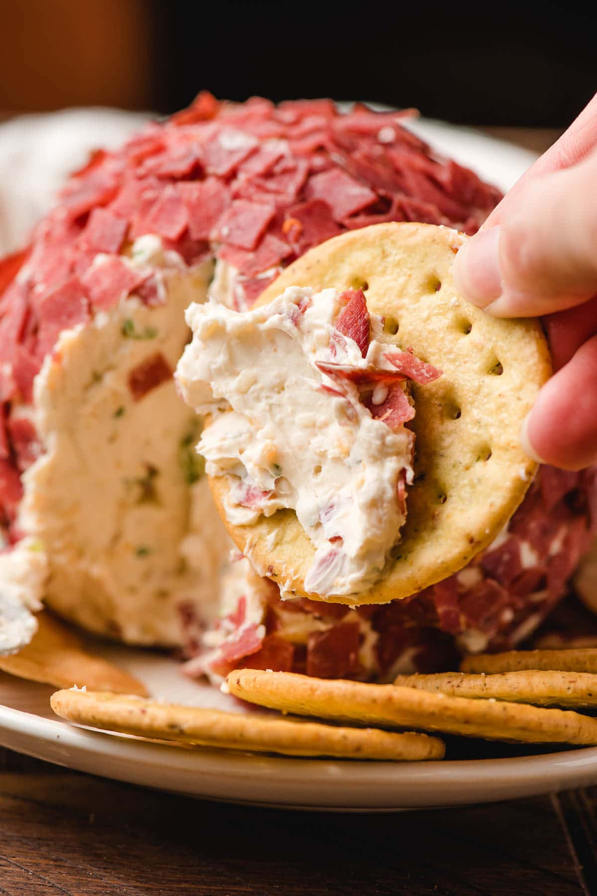 Hand holding a cracker smeared with chipped beef cheese ball.