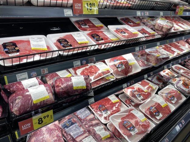 A grocery store beef aisle.