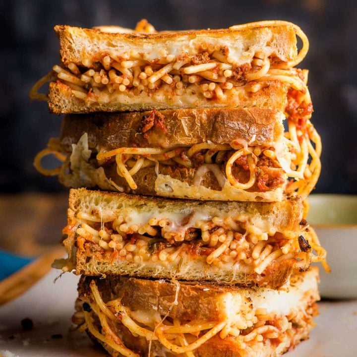 Stack of spaghetti grilled cheese.