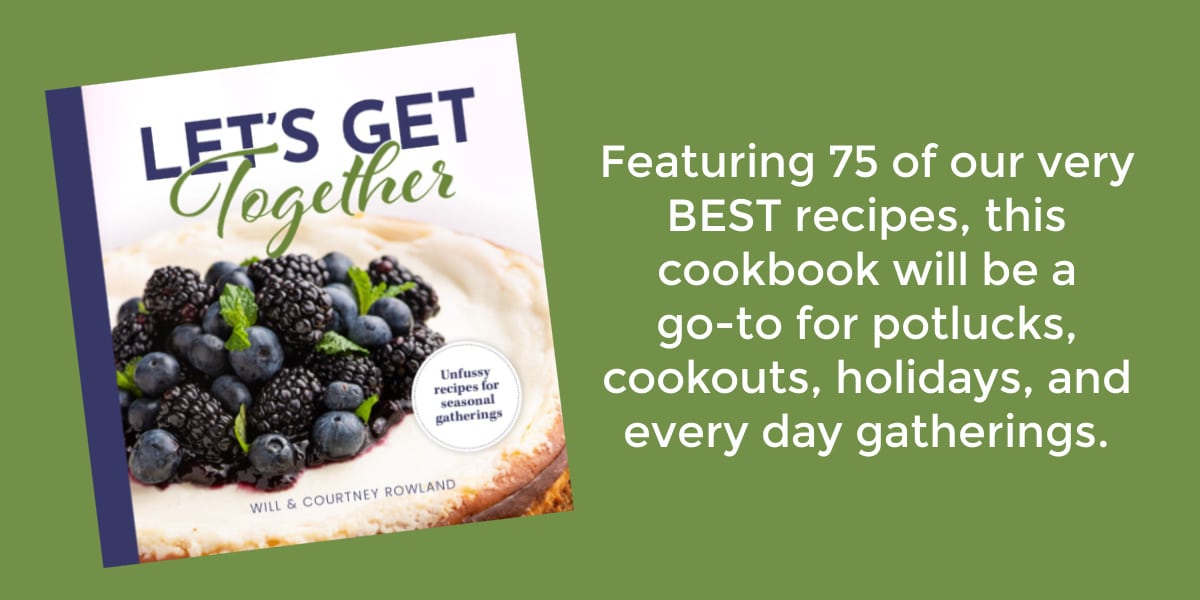 A cookbook cover along with text: Featuring 75 of our very BEST recipes, this cookbook will be a go-to for potlucks, cookouts, holidays, and every day gatherings.