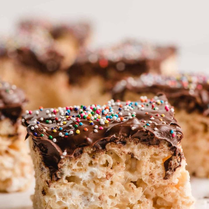 Rice Krispie Treat covered in chocolate and sprinkles.