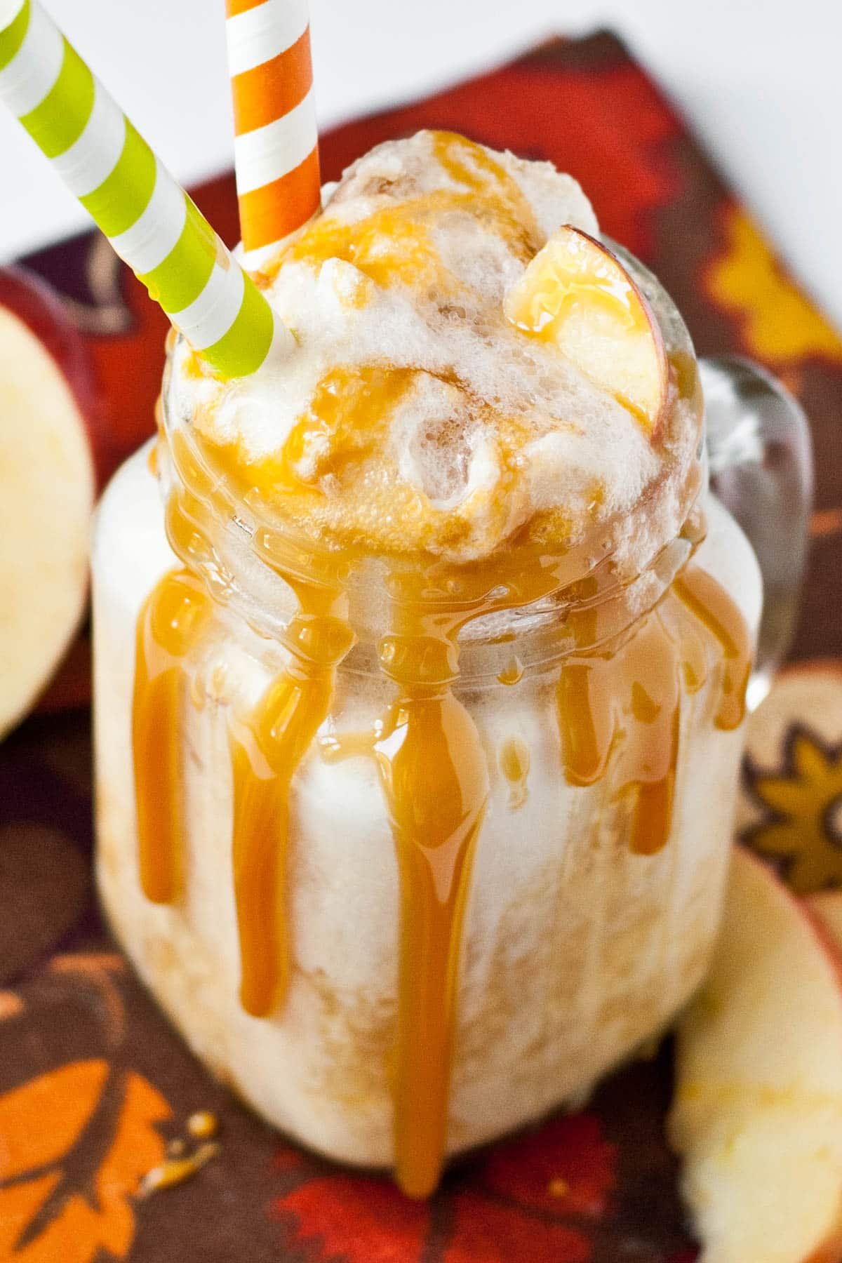 Apple Cider Float in a glass drizzled with caramel.