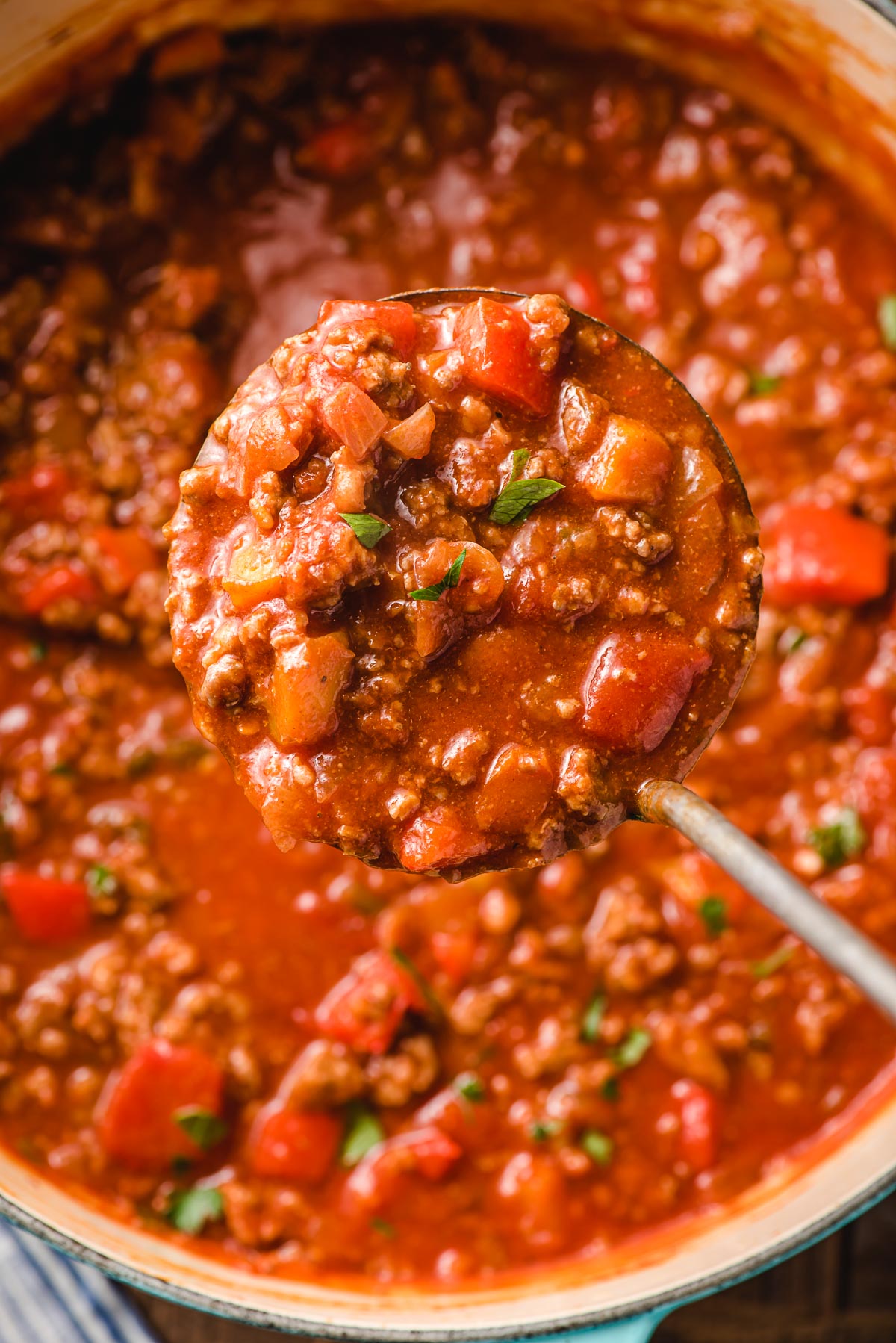 Close up of a scoop of Italian Sausage Chili.
