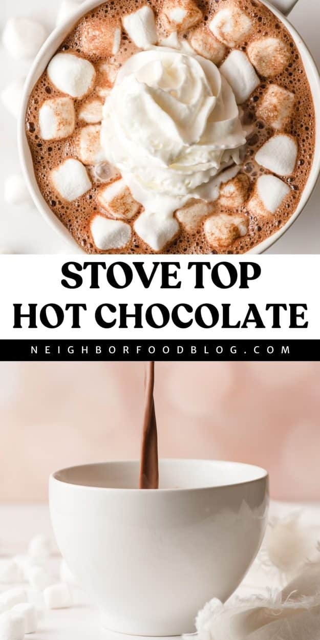 Hot chocolate topped with marshmallows and whipped cream on top, hot chocolate being poured into a mug on the bottom.