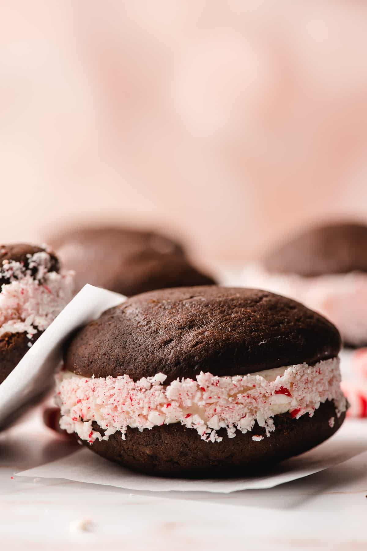 Fluffy chocolate whoopie pie with peppermint.