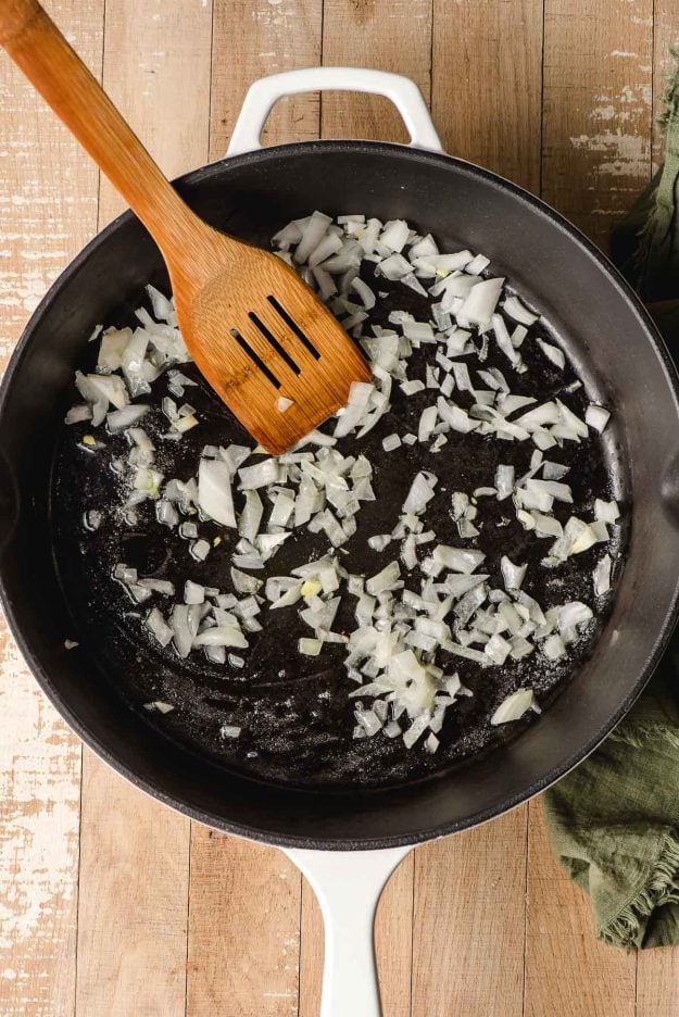 Sauteed onions in a large cast iron skillet.