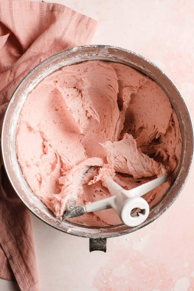 Strawberry buttercream in a bowl.