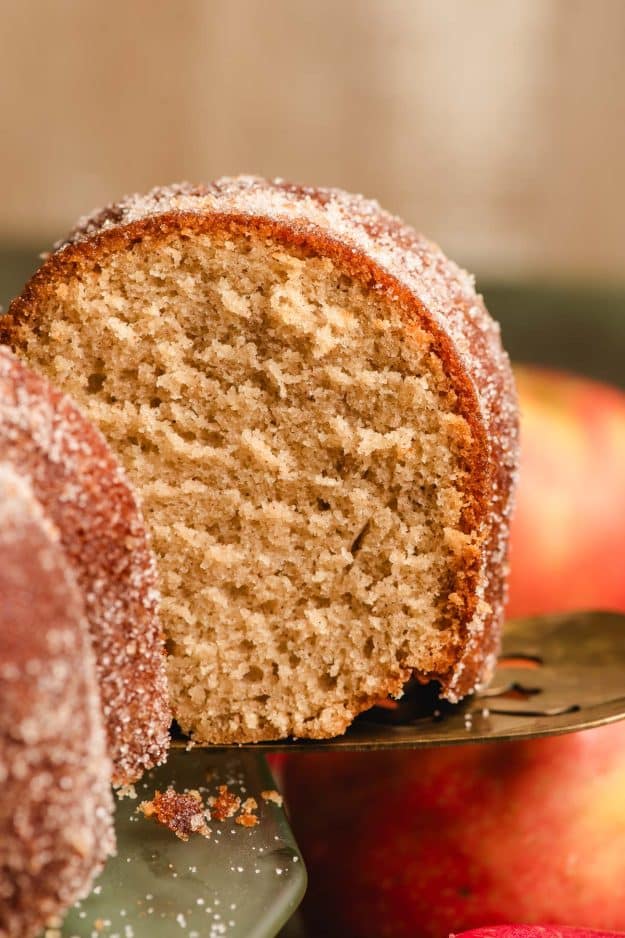 Slice of apple cider donut cake with cinnamon sugar coating.