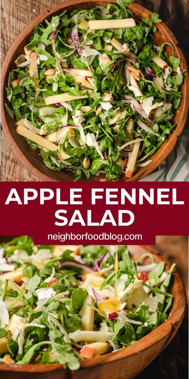 Wooden bowl of apple fennel salad with goat cheese and arugula.
