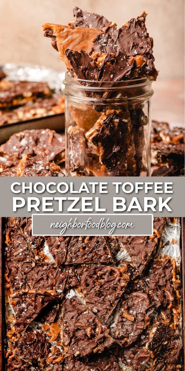 Banner showing chocolate pretzel bark with text label.