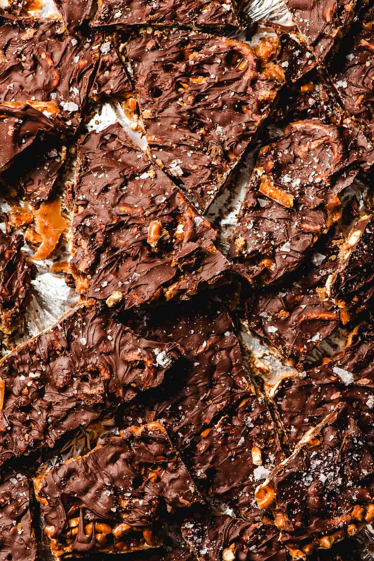 Closeup of broken pieces of chocolate pretzel toffee bark.
