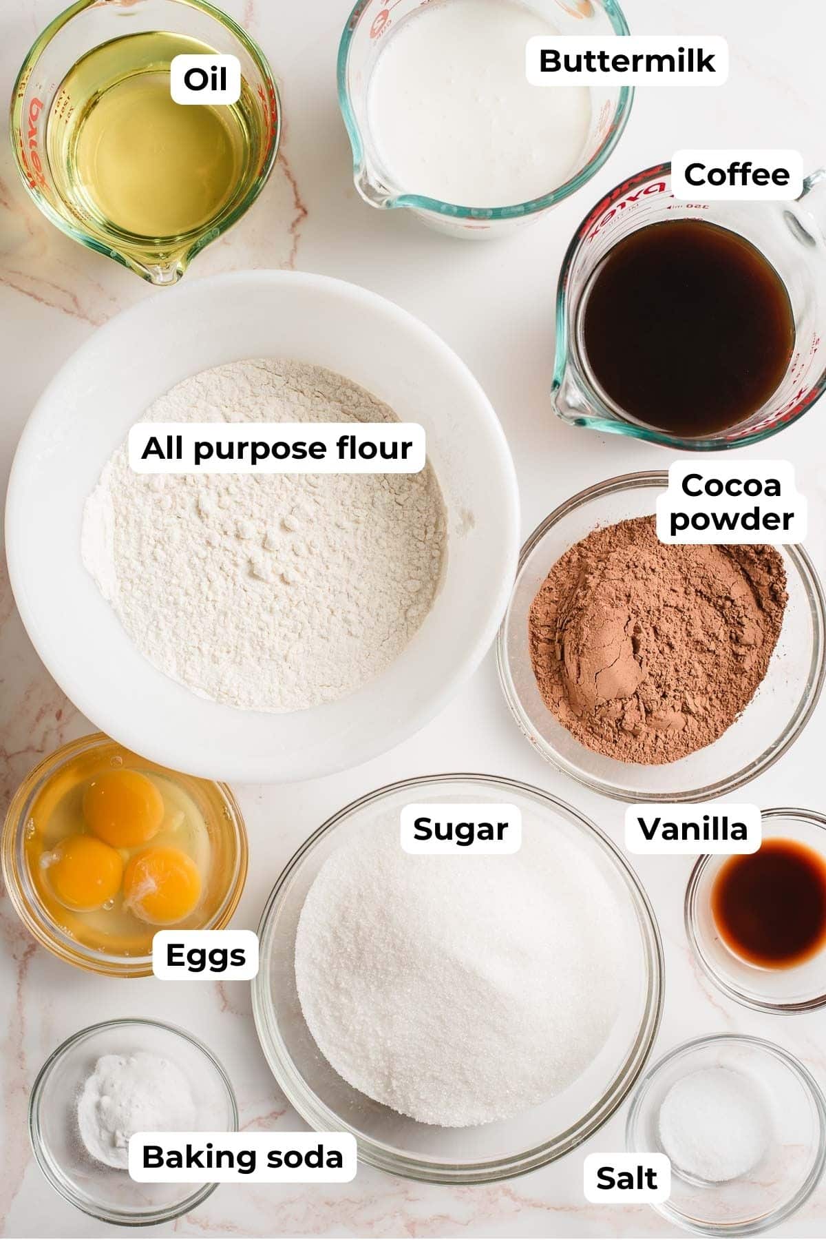 Oil, buttermilk, all purpose flour, coffee, cocoa powder, eggs, sugar, baking soda, salt, and vanilla in bowls on a white background.