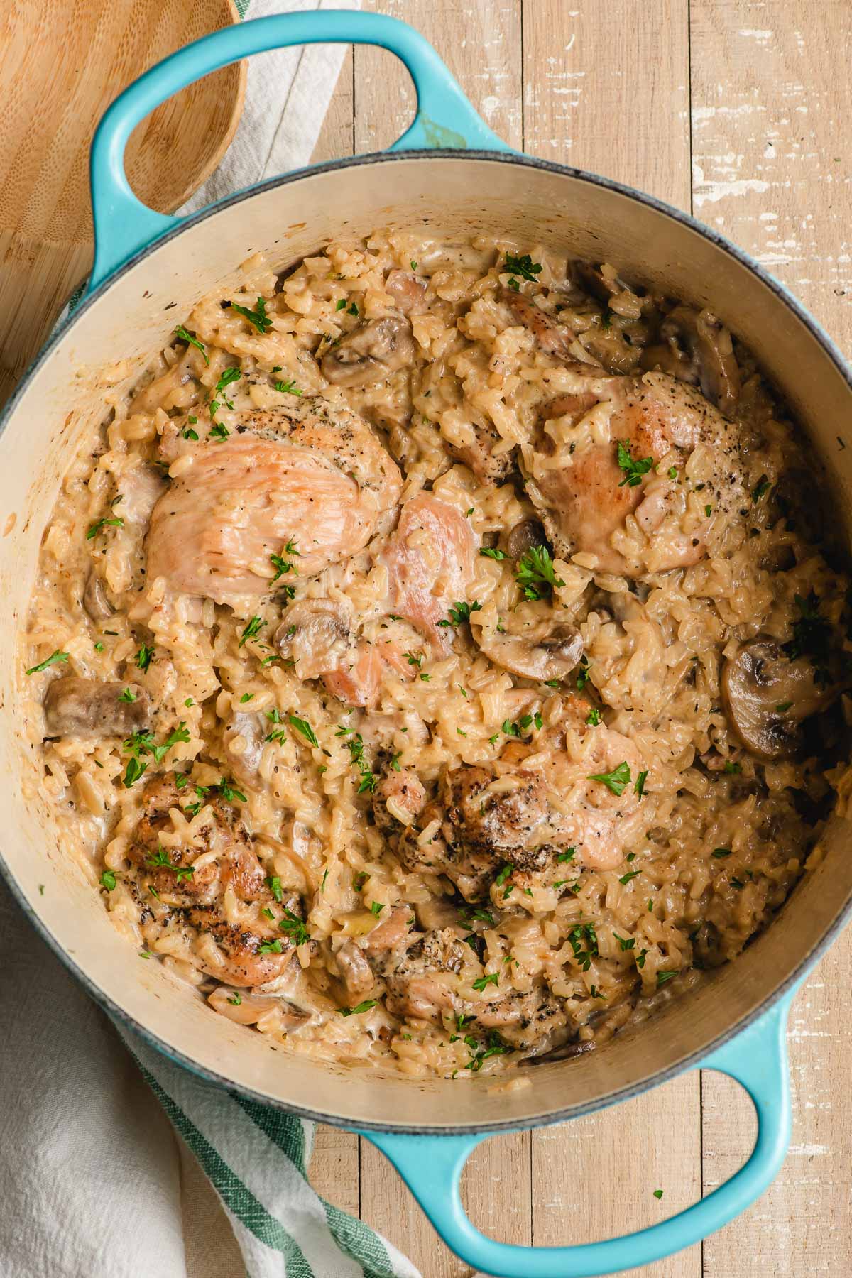 Creamy Mushroom Chicken and Rice in a Dutch oven.