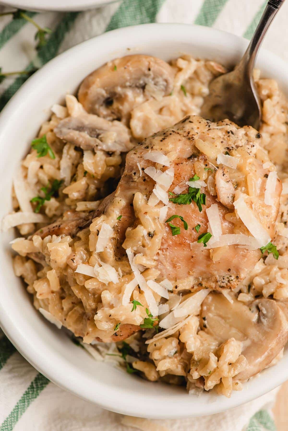Browned chicken thighs served over creamy mushrooms and rice.