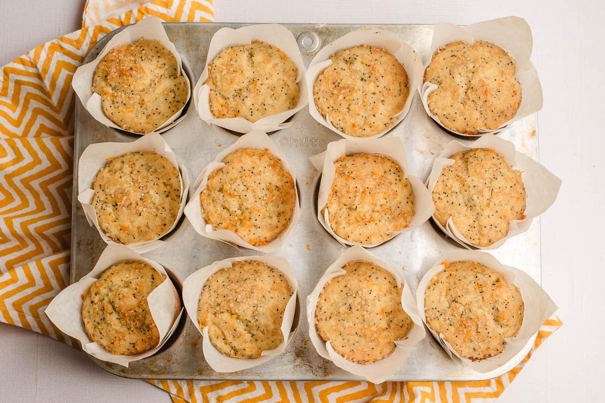 Freshly baked orange and poppy seed muffins in a muffin tray.
