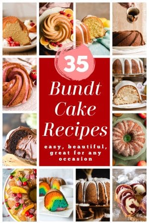 Bundt Cake Recipes collage of 12 different pics of bundt cakes.