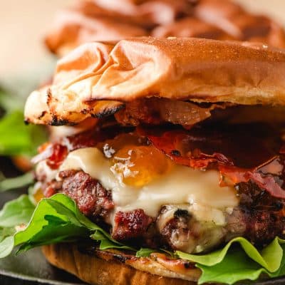 Brie Burgers with apricot jam and prosciutto.